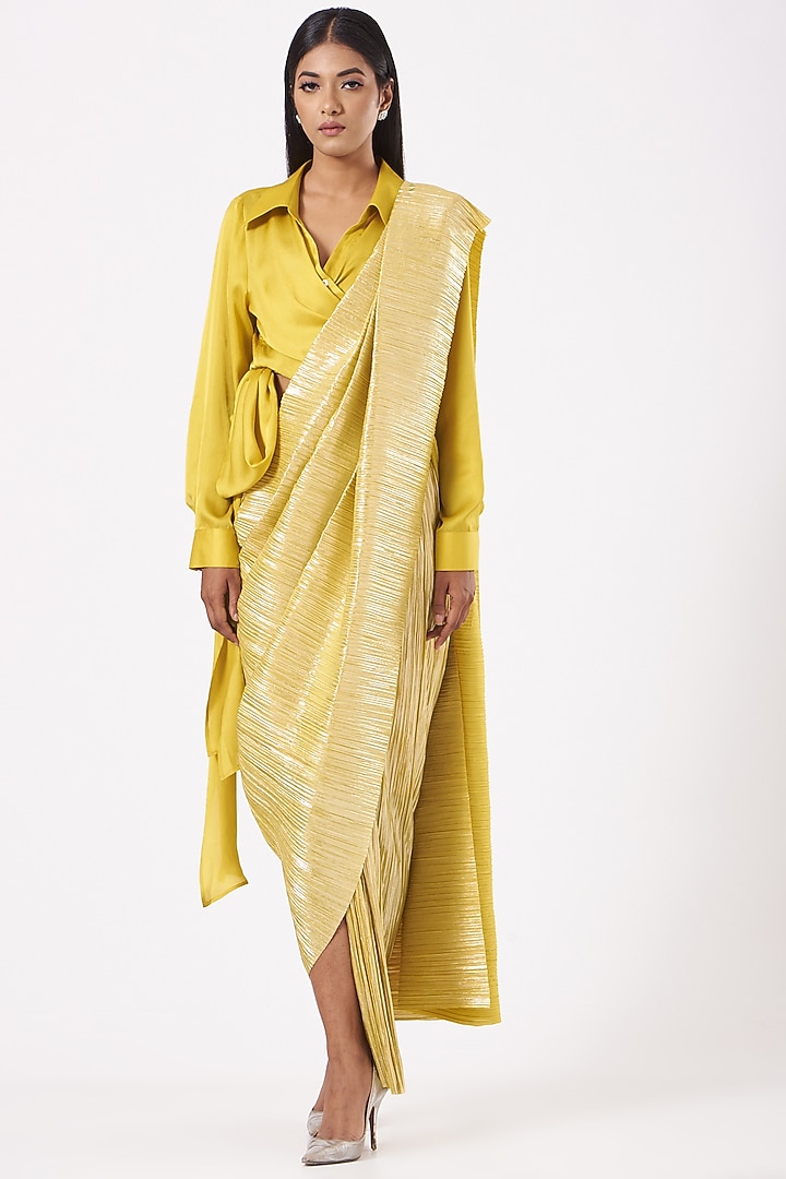 Lemon Gold Pleated Metallic Wedding Saree With Lemon Kim Shirt by 431-88 By Shweta Kapur at Pernia's Pop Up Shop