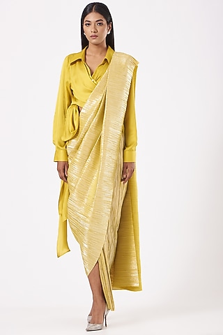 Lemon Gold Pleated Metallic Saree With Lemon Kim Shirt  by 431-88 By Shweta Kapur