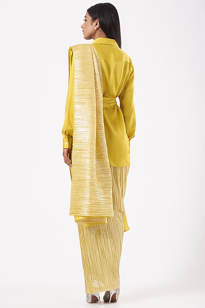 Lemon Gold Pleated Metallic Wedding Saree With Lemon Kim Shirt  by 431-88 By Shweta Kapur at Pernia's Pop Up Shop