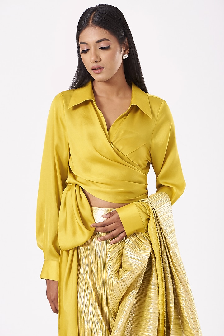 Lemon Gold Pleated Metallic Wedding Saree With Lemon Kim Shirt  by 431-88 By Shweta Kapur at Pernia's Pop Up Shop