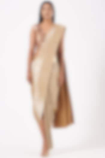 Sand Brown Pleated Metallic Saree With Chocolate Brown APS Blouse by 431-88 By Shweta Kapur