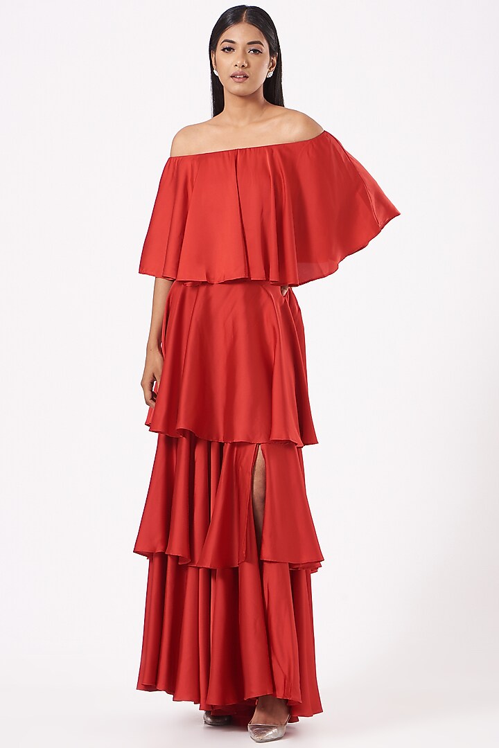 Red Satin Off-Shoulder Dory Ruffle Top by 431-88 By Shweta Kapur at Pernia's Pop Up Shop