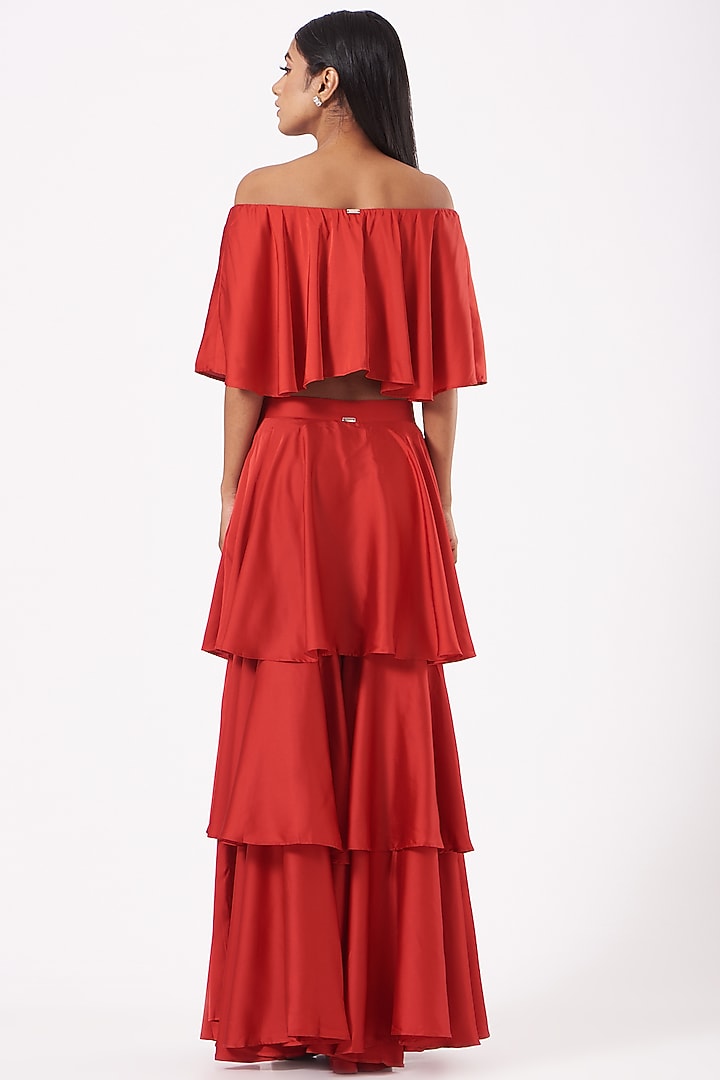 Red Satin Off-Shoulder Dory Ruffle Top by 431-88 By Shweta Kapur at Pernia's Pop Up Shop