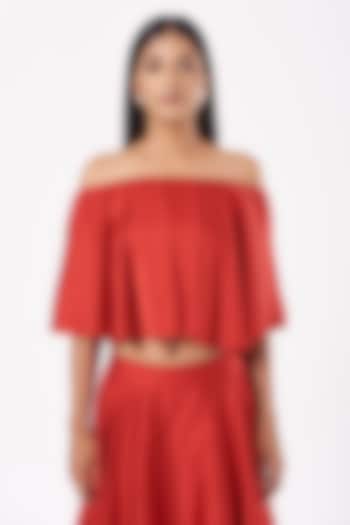 Red Satin Off-Shoulder Dory Ruffle Top by 431-88 By Shweta Kapur