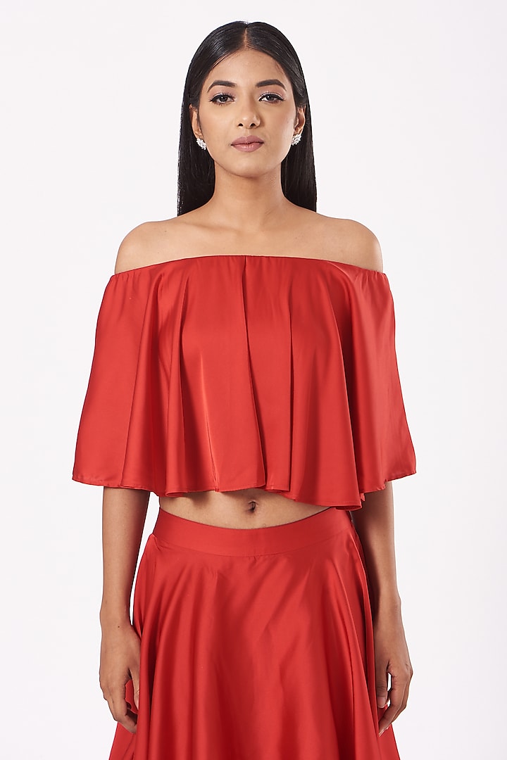 Red Satin Off-Shoulder Dory Ruffle Top by 431-88 By Shweta Kapur