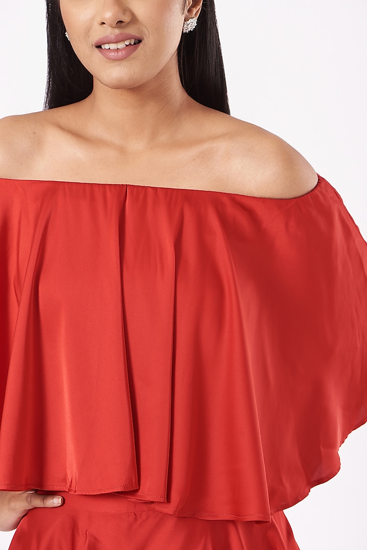 Red Satin Off-Shoulder Dory Ruffle Top by 431-88 By Shweta Kapur at Pernia's Pop Up Shop