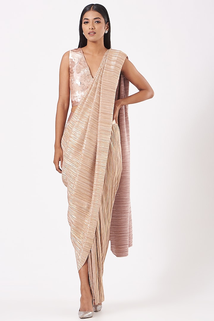 Pink & Gold Pleated Silk Saree With Baby Pink APS Blouse by 431-88 By Shweta Kapur at Pernia's Pop Up Shop