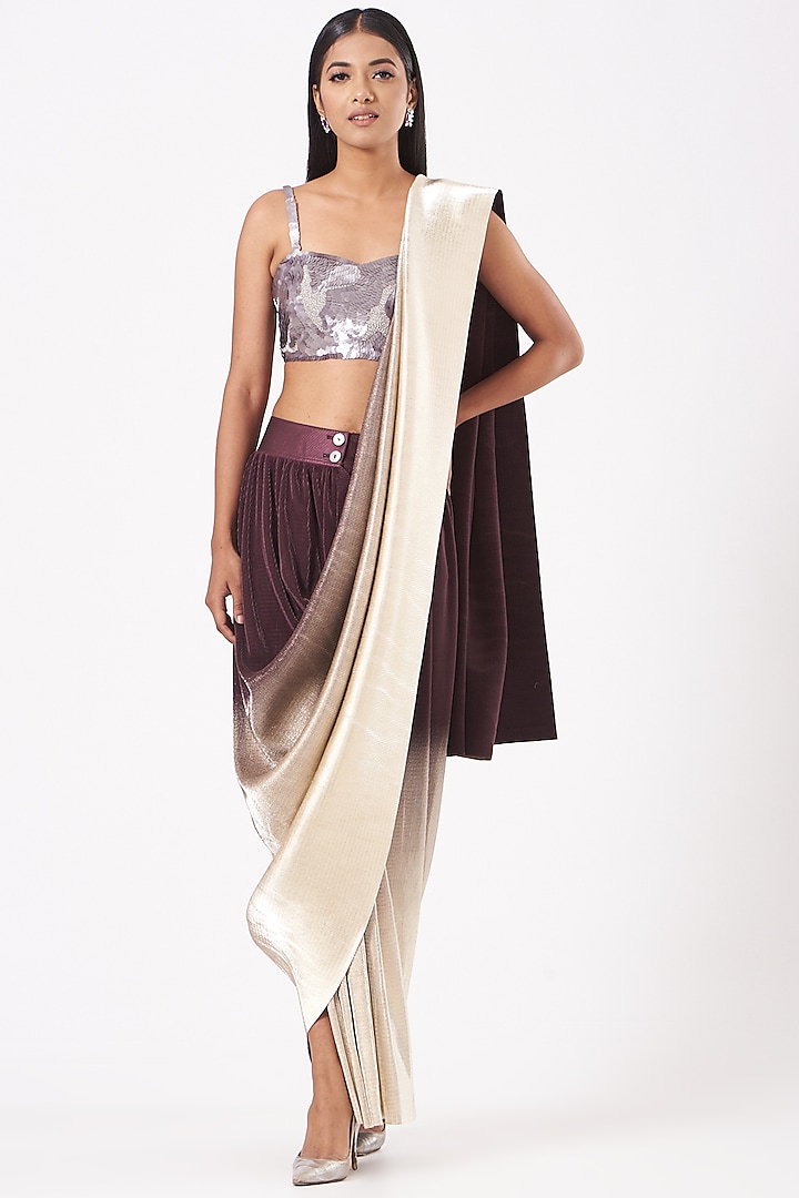 Maroon & Gold Pleated Metallic Saree With Grey Coral Bustier by 431-88 By Shweta Kapur