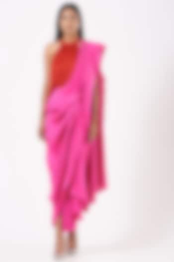 Fuchsia Silk Saree With Red Halter Fringe Top by 431-88 By Shweta Kapur