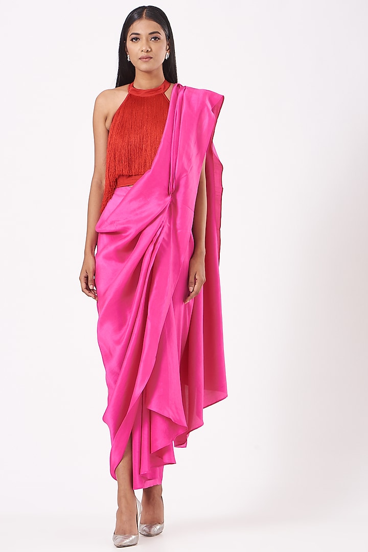 Fuchsia Silk Saree With Red Halter Fringe Top by 431-88 By Shweta Kapur