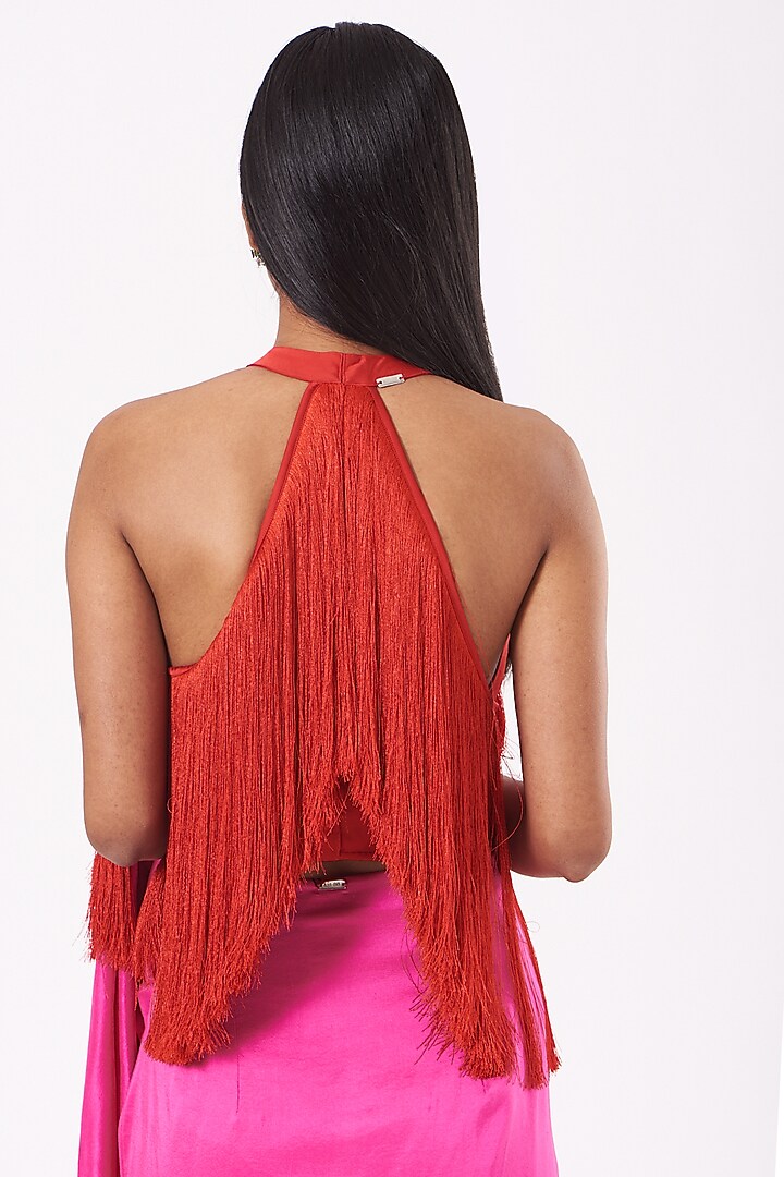 Fuchsia Silk Wedding Saree With Red Halter Fringe Top by 431-88 By Shweta Kapur at Pernia's Pop Up Shop
