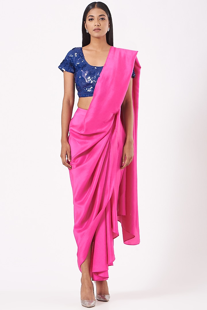 Fuchsia Silk Pre-Draped Saree With Electric Blue Embroidered Top by 431-88 By Shweta Kapur
