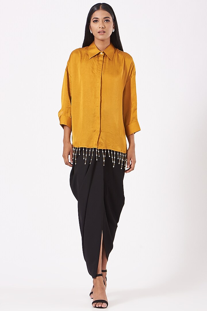 Ochre Yellow Silk Pearl Drop Shirt by 431-88 By Shweta Kapur at Pernia's Pop Up Shop