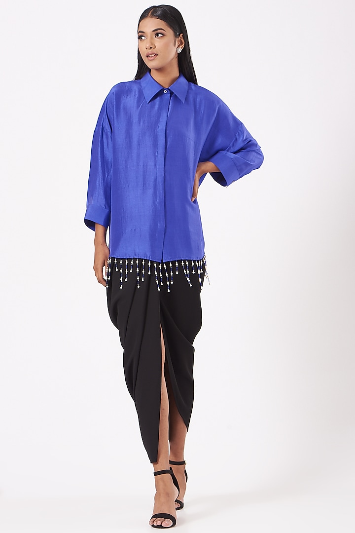 Electric Blue Silk Pearl Drop Shirt by 431-88 By Shweta Kapur