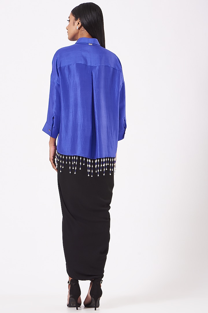 Electric Blue Silk Pearl Drop Shirt by 431-88 By Shweta Kapur at Pernia's Pop Up Shop