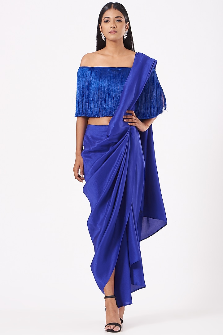 Electric Blue Silk Pre-Draped Saree With Electric Blue off-shoulder Fringe Top by 431-88 By Shweta Kapur