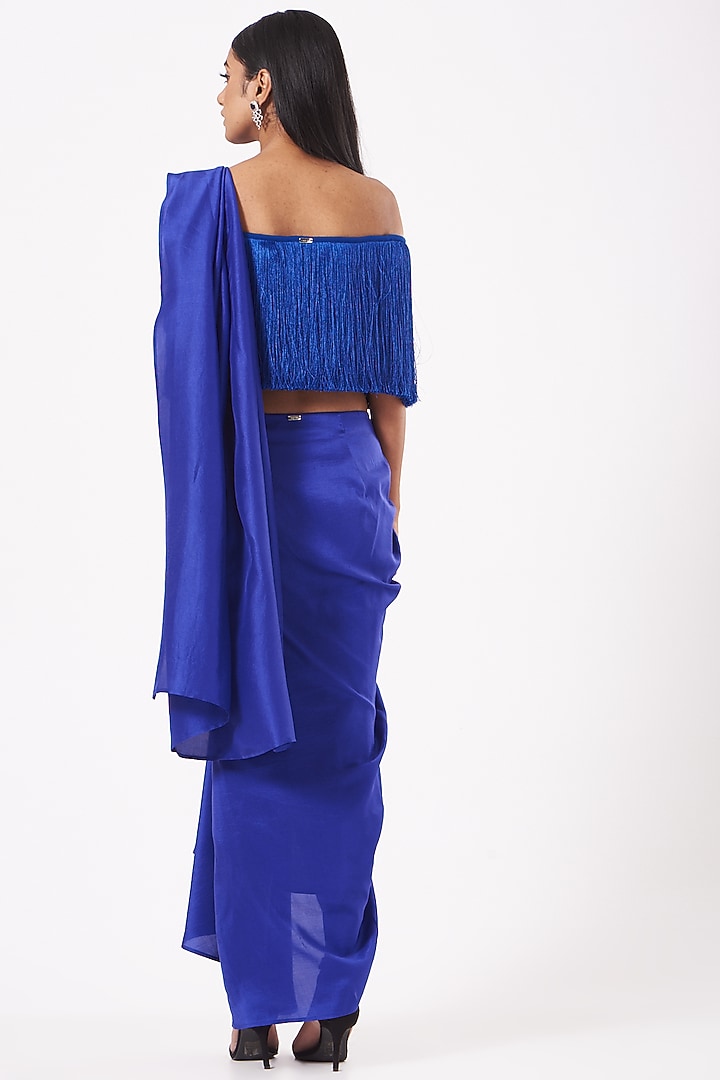 Electric Blue Silk Pre-Draped Wedding Saree With Electric Blue off-shoulder Fringe Top by 431-88 By Shweta Kapur at Pernia's Pop Up Shop