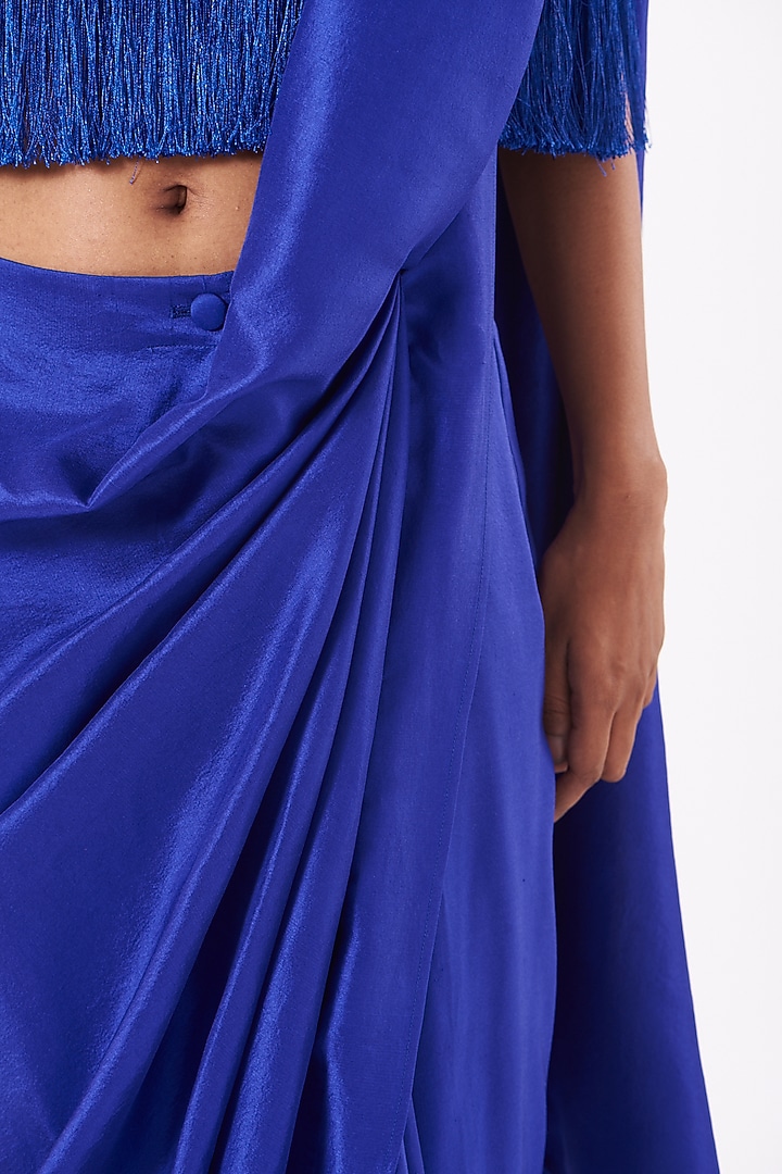 Electric Blue Silk Pre-Draped Wedding Saree With Electric Blue off-shoulder Fringe Top by 431-88 By Shweta Kapur at Pernia's Pop Up Shop