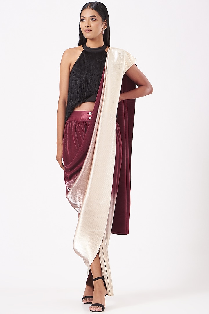 Maroon Ombre Metallic Pre-Draped Saree With Black Halter Fringe Top by 431-88 By Shweta Kapur