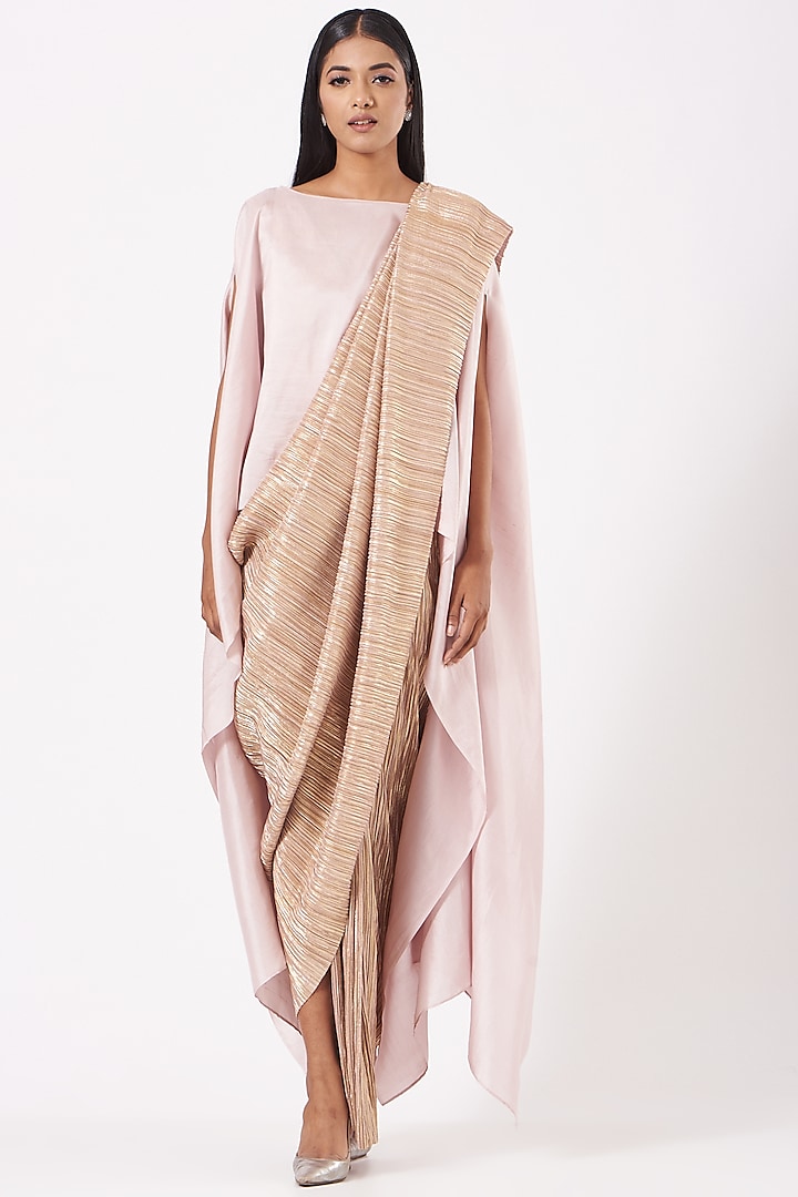 Pink Gold Pleated Metallic Pre-Draped Saree With Silk Cape by 431-88 By Shweta Kapur