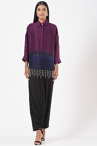 Plum & Ink Blue Silk Pearl Drop Shirt by 431-88 By Shweta Kapur