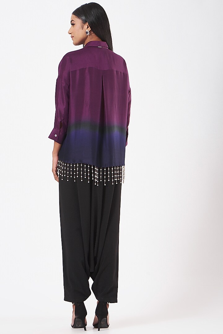 Plum & Ink Blue Silk Pearl Drop Shirt by 431-88 By Shweta Kapur at Pernia's Pop Up Shop