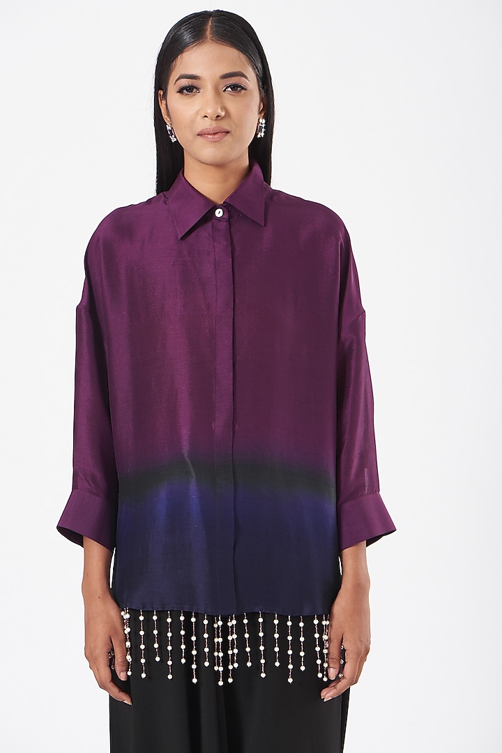 Plum & Ink Blue Silk Pearl Drop Shirt by 431-88 By Shweta Kapur at Pernia's Pop Up Shop