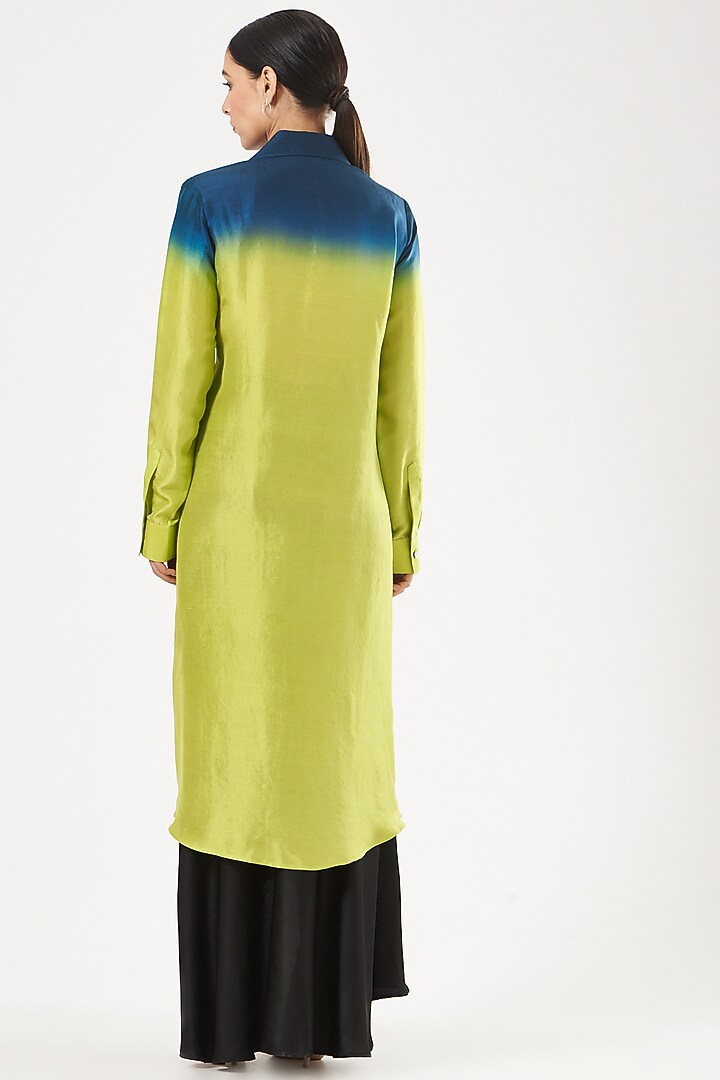 Ink Blue & Green Dupion Silk Maxi Shirt by 431-88 By Shweta Kapur at Pernia's Pop Up Shop