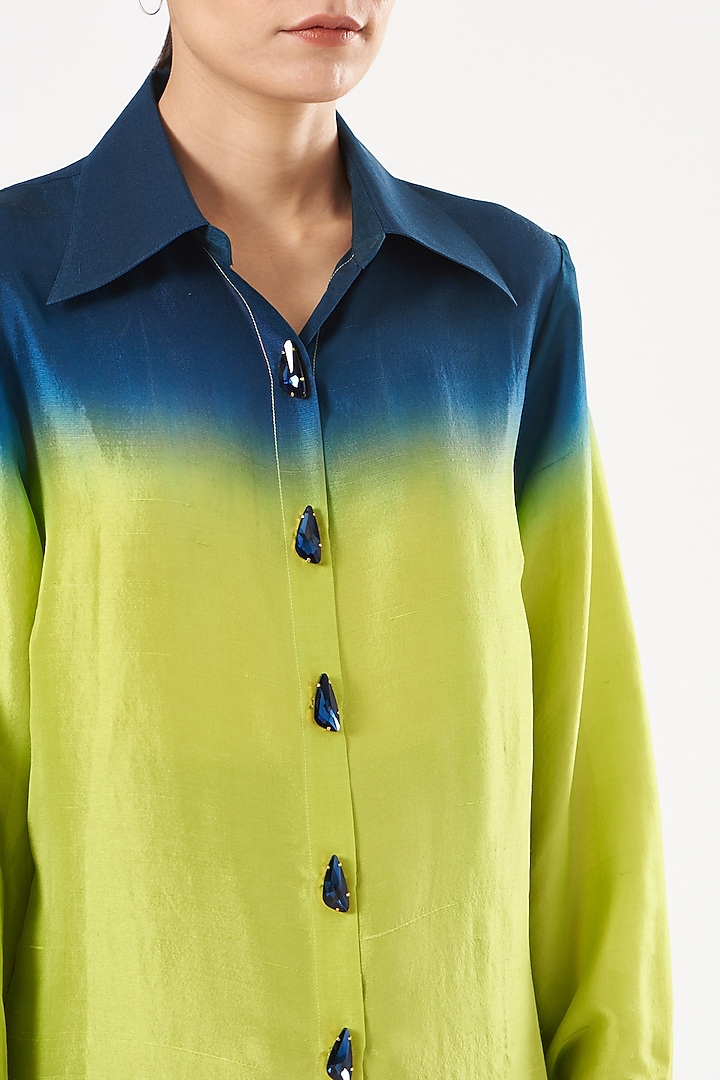 Ink Blue & Green Dupion Silk Maxi Shirt by 431-88 By Shweta Kapur at Pernia's Pop Up Shop