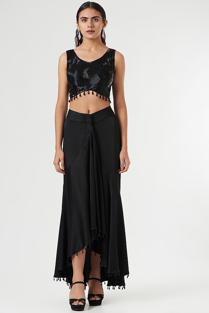 Black Satin Flared Maxi Skirt by 431-88 By Shweta Kapur