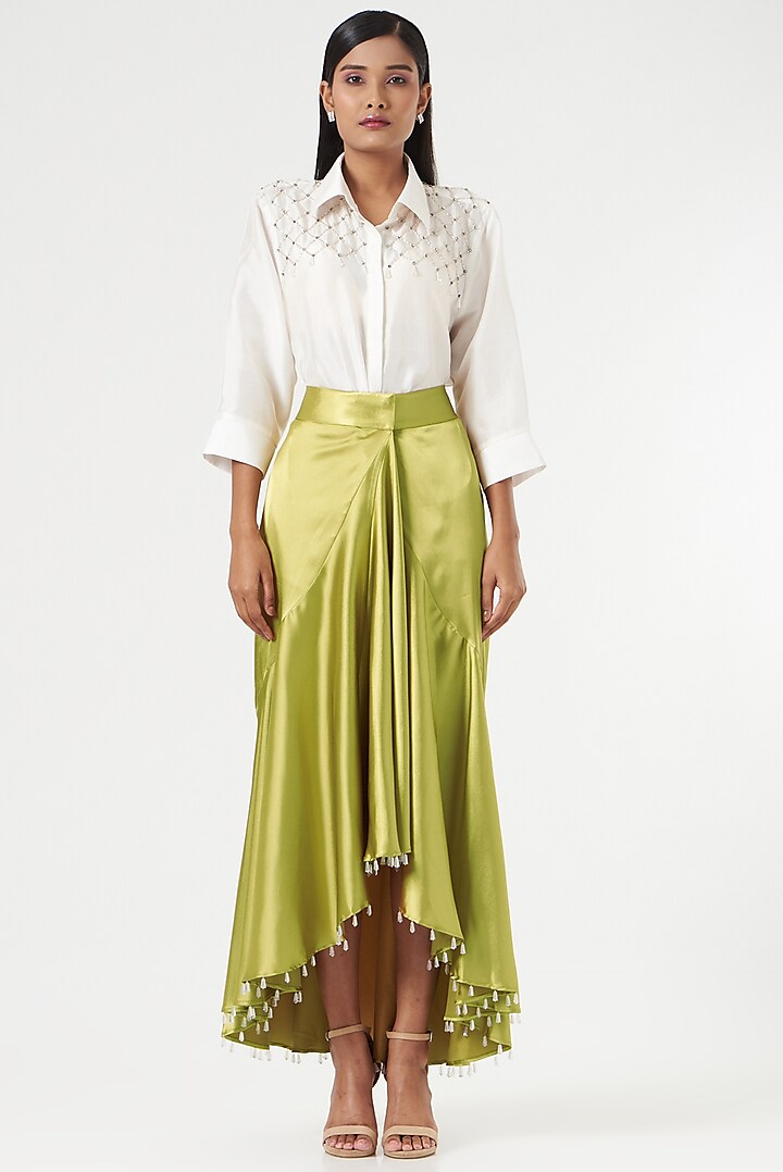 Gold Satin Flared Skirt by 431-88 By Shweta Kapur