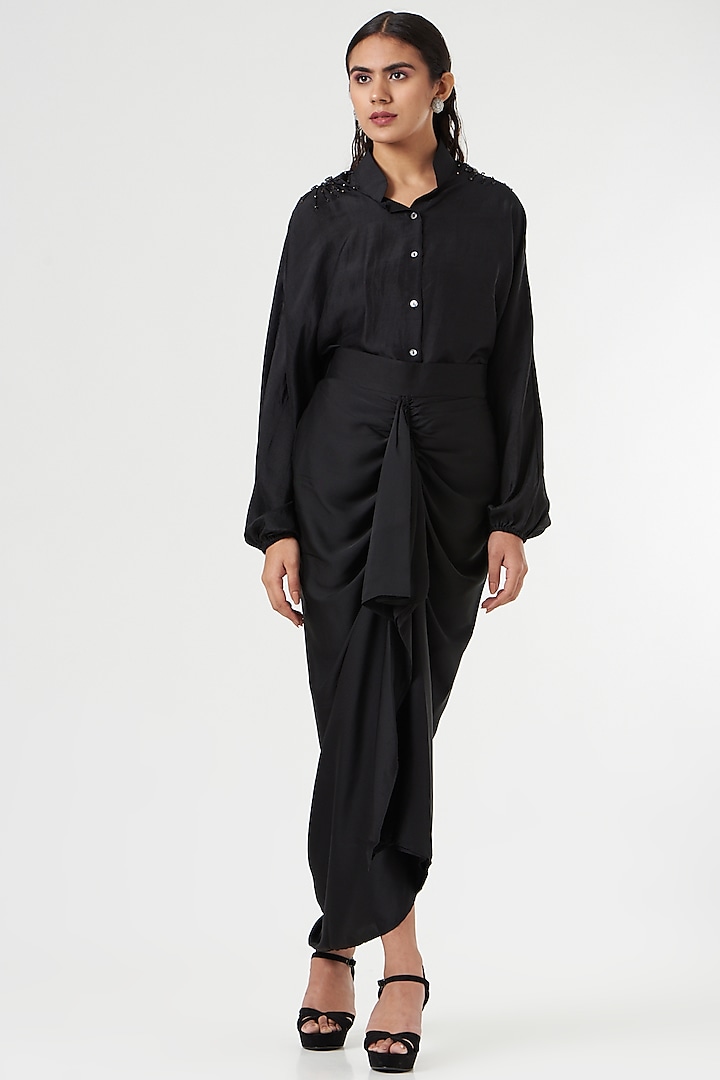 Black Satin Draped Pencil Skirt by 431-88 By Shweta Kapur