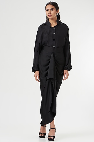 Black Satin Draped Pencil Skirt by 431-88 By Shweta Kapur