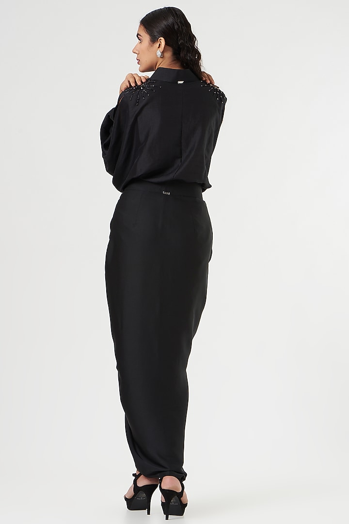 Black Satin Draped Pencil Skirt by 431-88 By Shweta Kapur at Pernia's Pop Up Shop