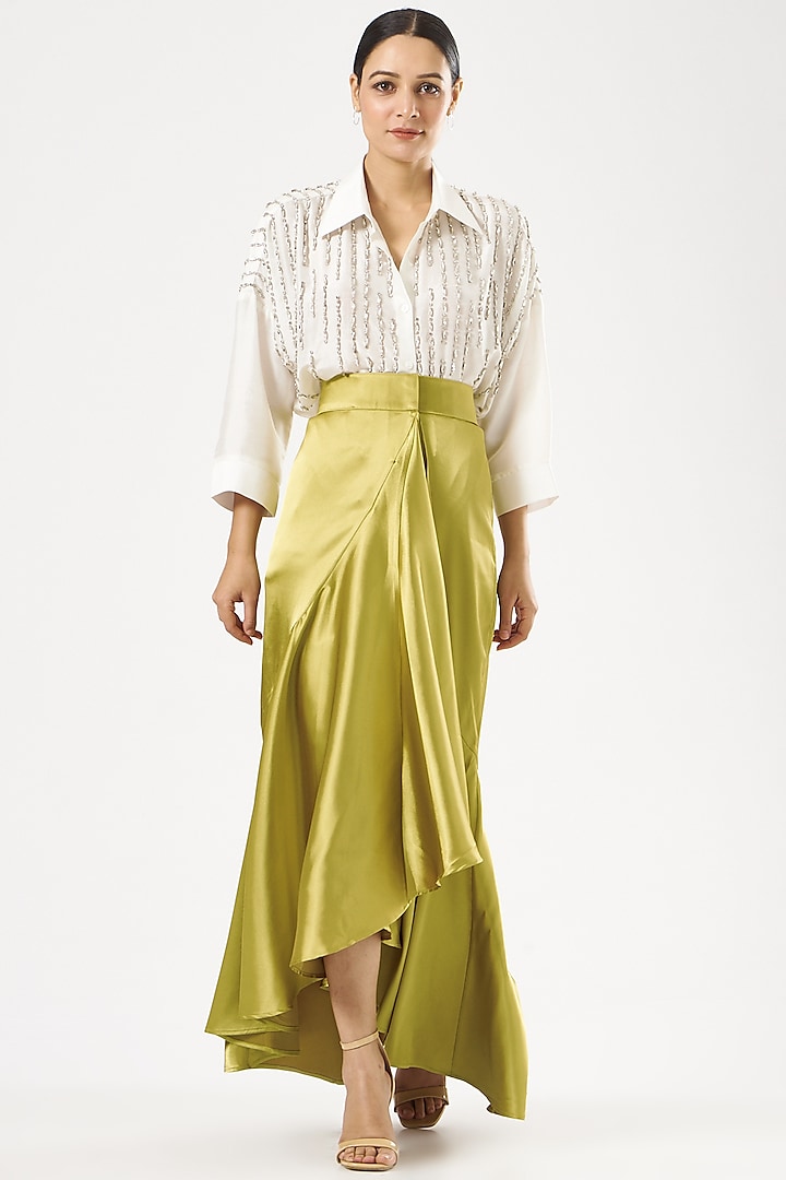 Gold Stretch Satin Draped Skirt by 431-88 By Shweta Kapur
