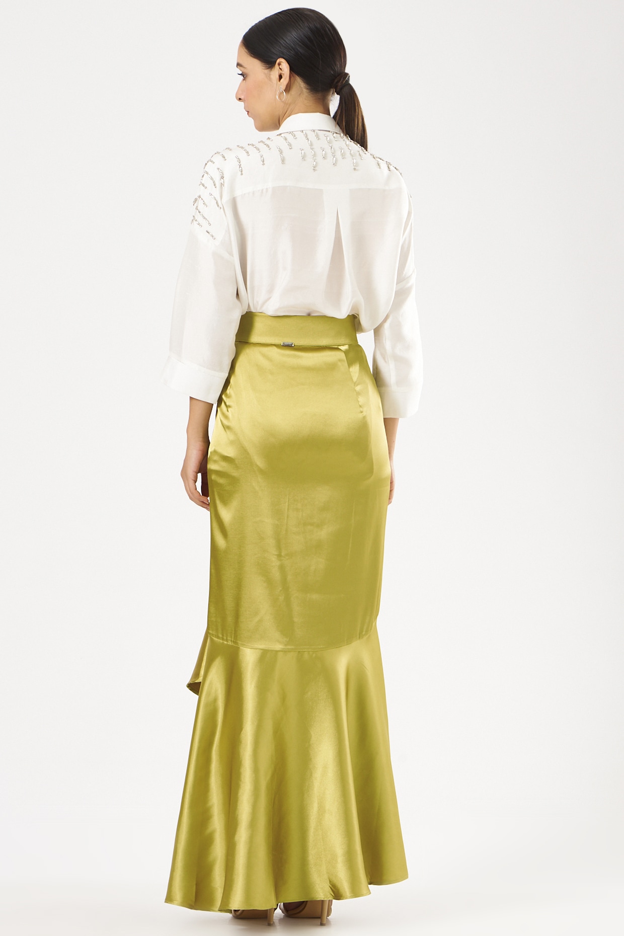 Gold Stretch Satin Draped Skirt by 431-88 By Shweta Kapur at