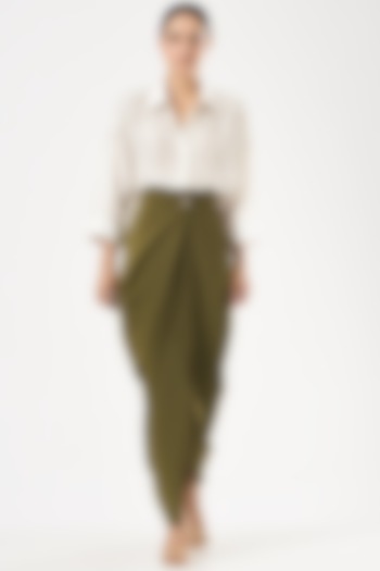 Olive Green Stretch Satin Draped Skirt by 431-88 By Shweta Kapur