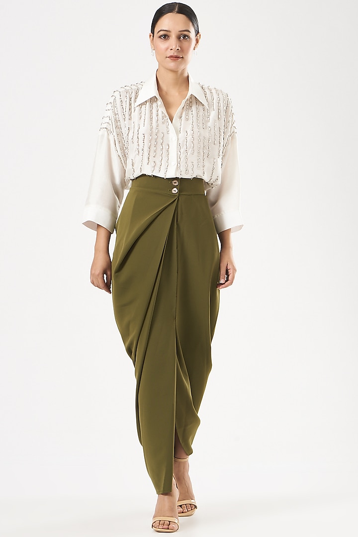 Olive Green Stretch Satin Draped Skirt by 431-88 By Shweta Kapur