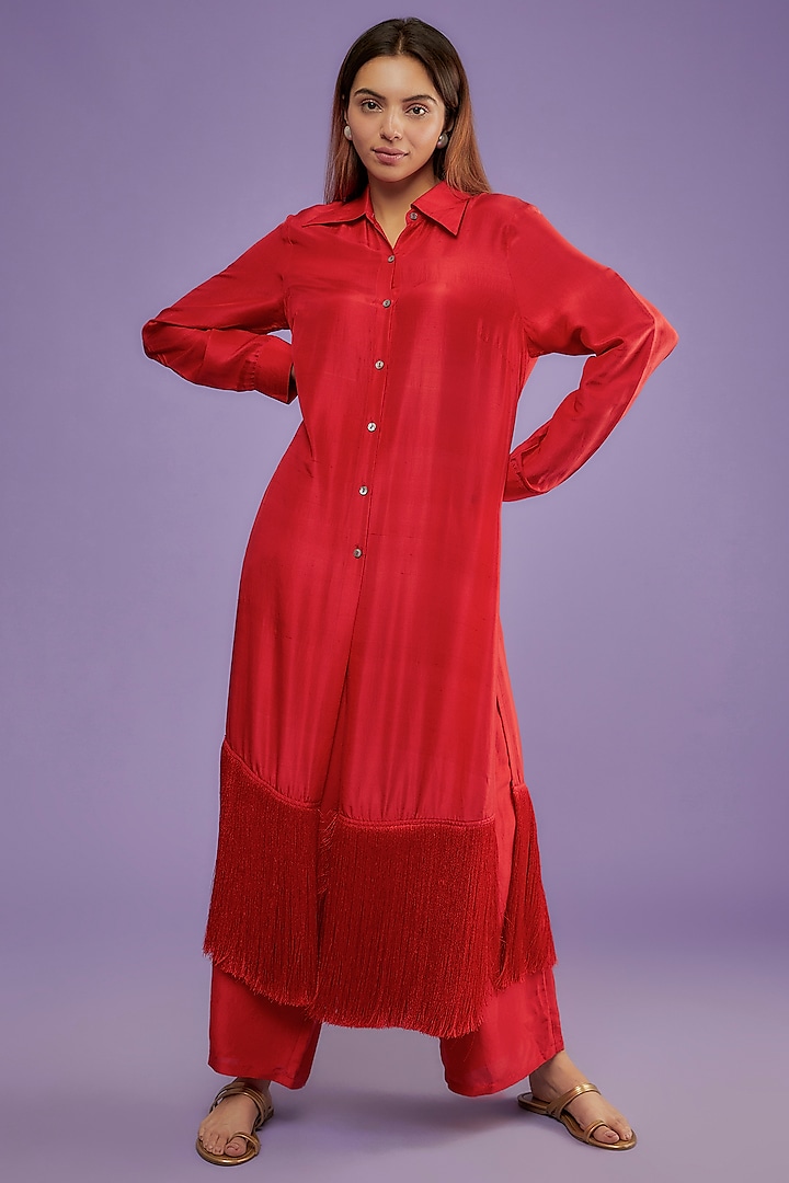 Red Silk Kurta Set by 431-88 By Shweta Kapur