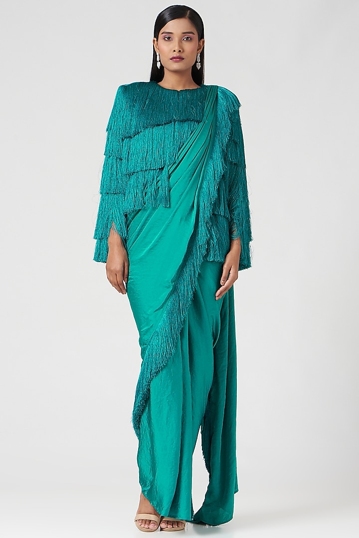 Emerald Fringe Pre-Draped Saree Set by 431-88 By Shweta Kapur at Pernia's Pop Up Shop