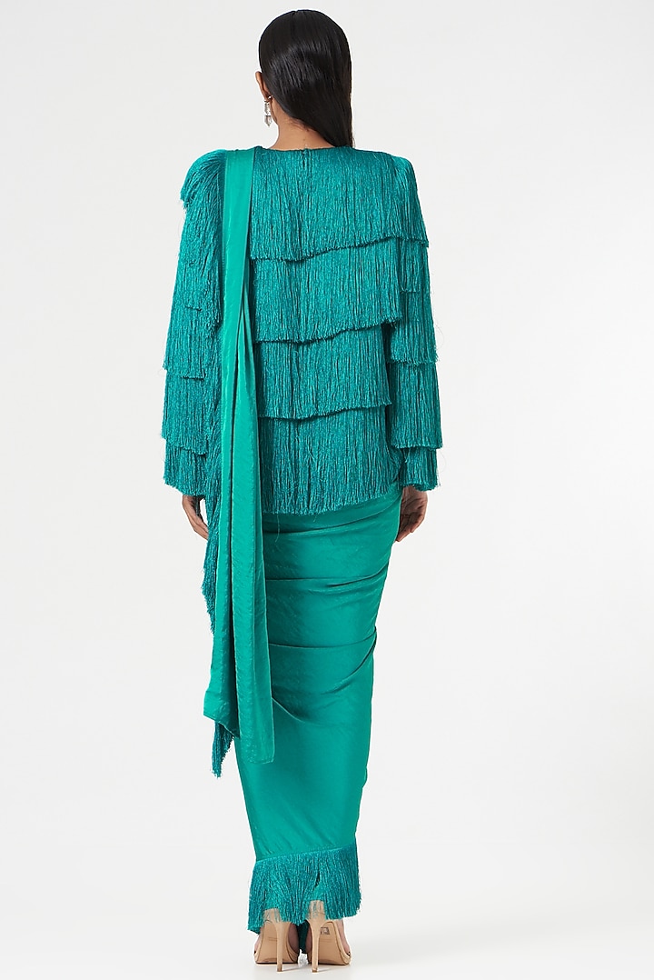 Emerald Fringe Pre-Draped Wedding Saree Set by 431-88 By Shweta Kapur at Pernia's Pop Up Shop