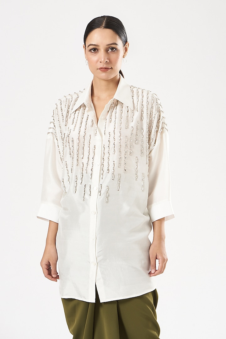 White Silk Crystal Hand Embroidered Shirt by 431-88 By Shweta Kapur at Pernia's Pop Up Shop