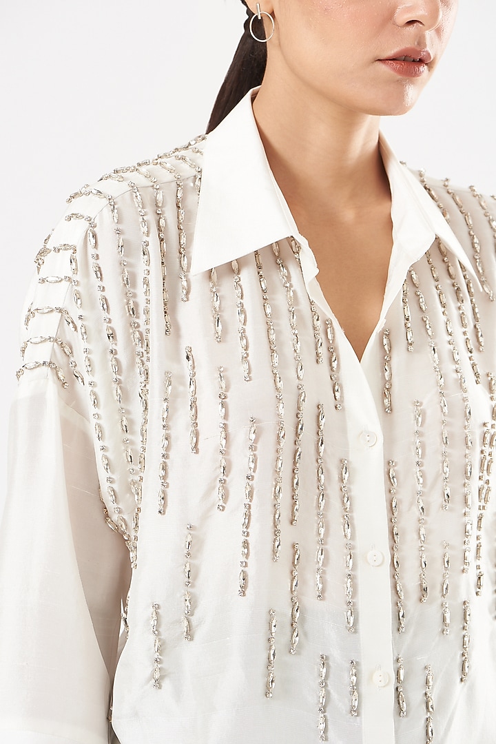 White Silk Crystal Hand Embroidered Shirt by 431-88 By Shweta Kapur at Pernia's Pop Up Shop