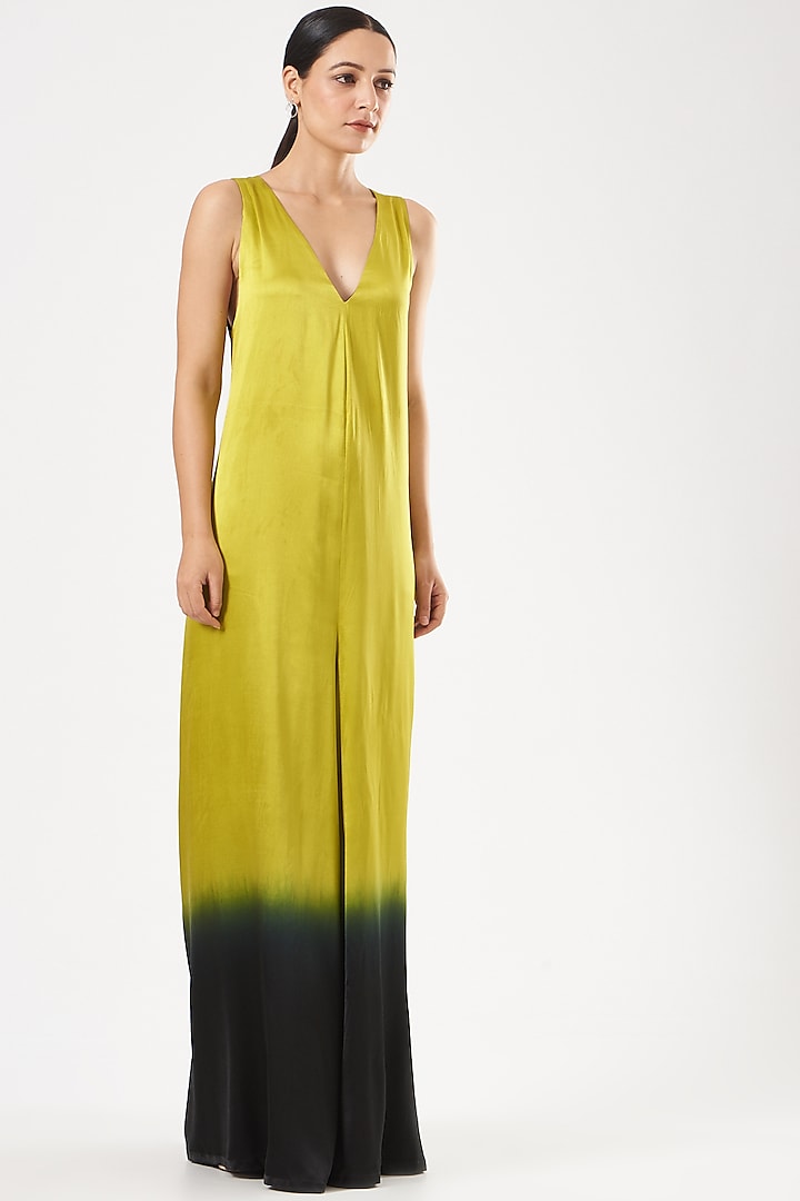 Green To Black Bamboo Silk Jumpsuit by 431-88 By Shweta Kapur