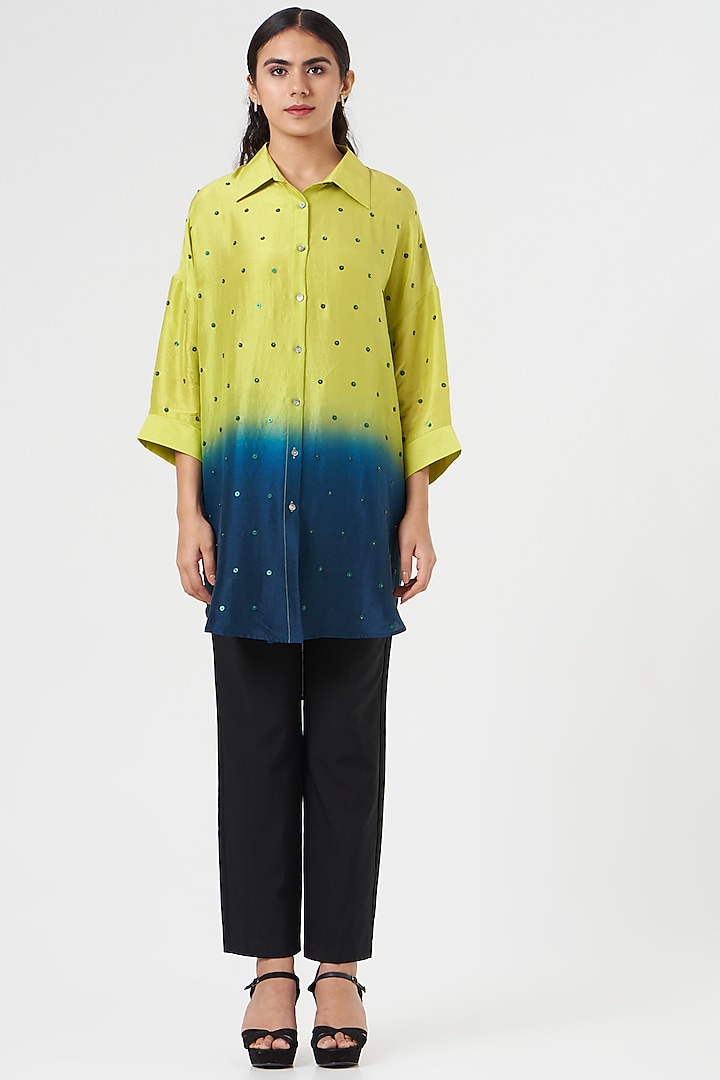 Green & Ink Silk Shirt by 431-88 By Shweta Kapur