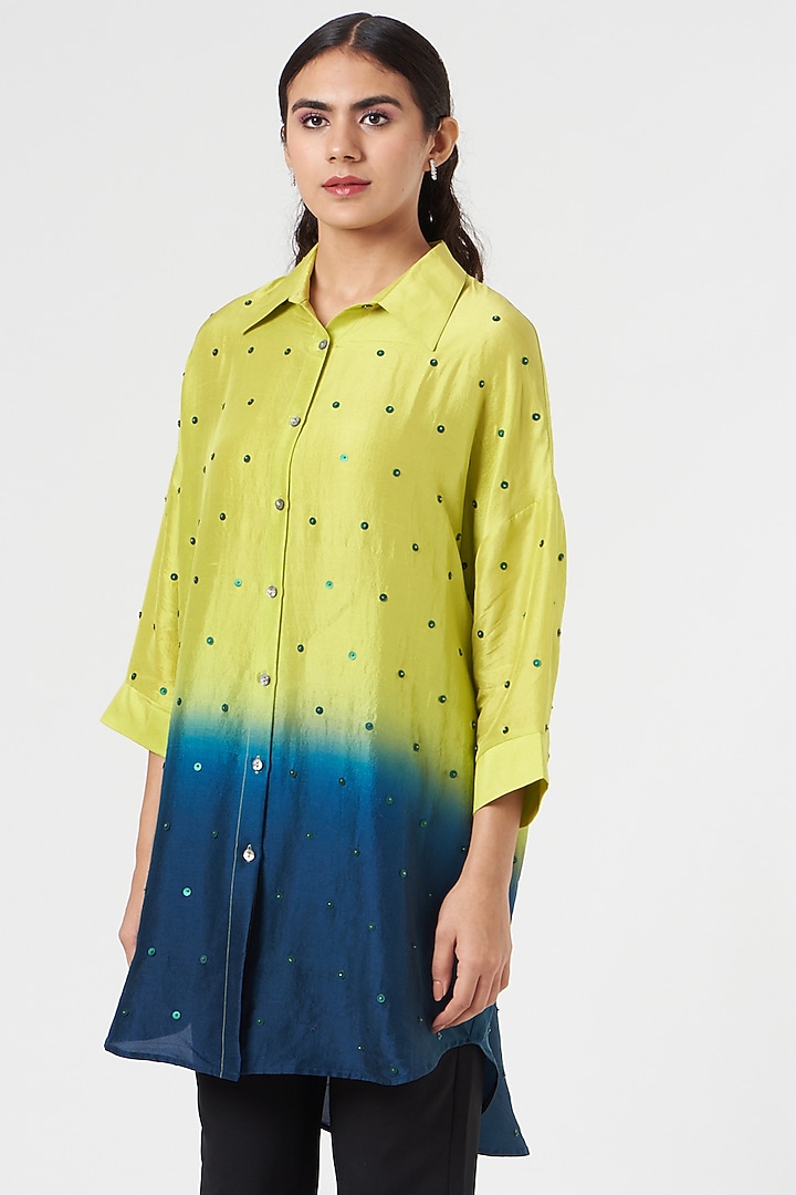 Green & Ink Silk Shirt by 431-88 By Shweta Kapur at Pernia's Pop Up Shop