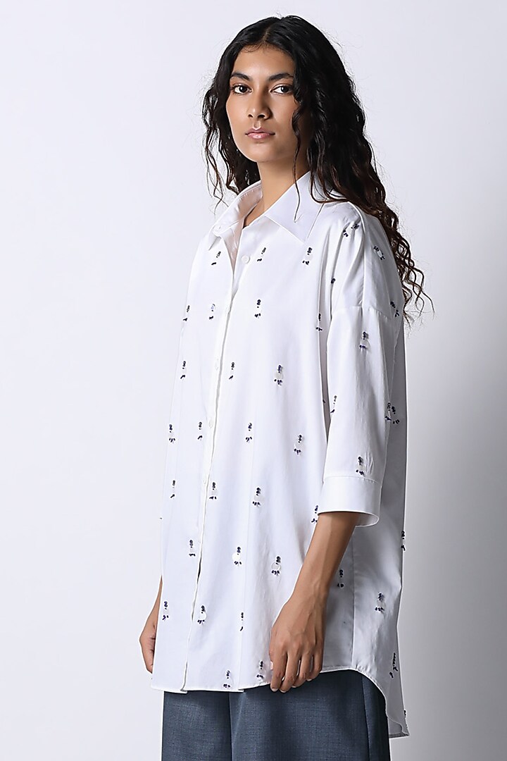 White Silk Hand Embroidered Shirt by 431-88 By Shweta Kapur at Pernia's Pop Up Shop