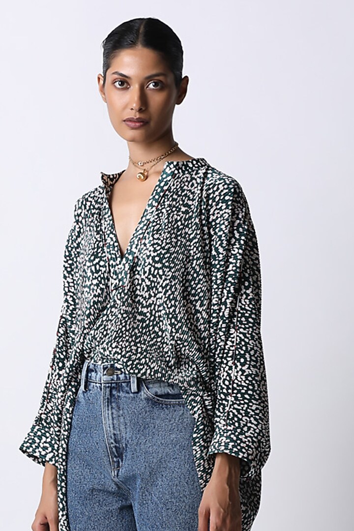Forest Green Plisse Embroidered Shirt by 431-88 By Shweta Kapur at Pernia's Pop Up Shop