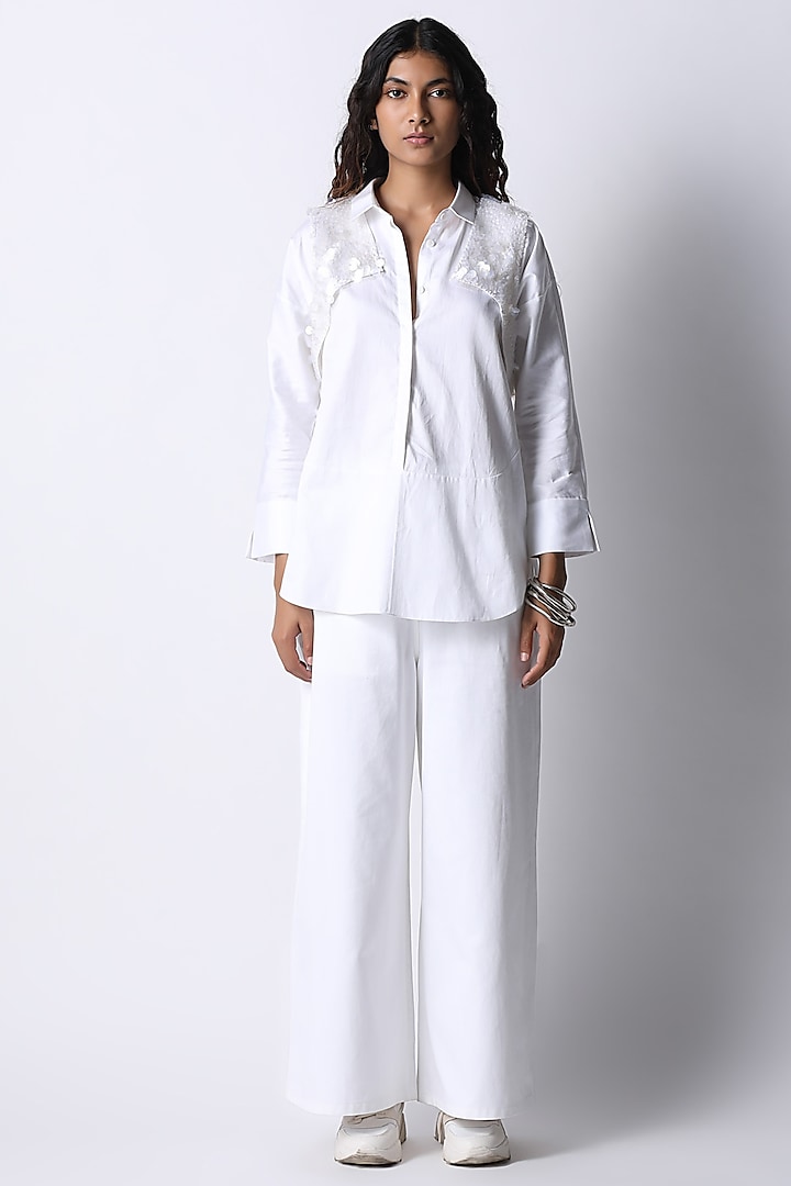 White Cotton Embroidered Shirt by 431-88 By Shweta Kapur at Pernia's Pop Up Shop