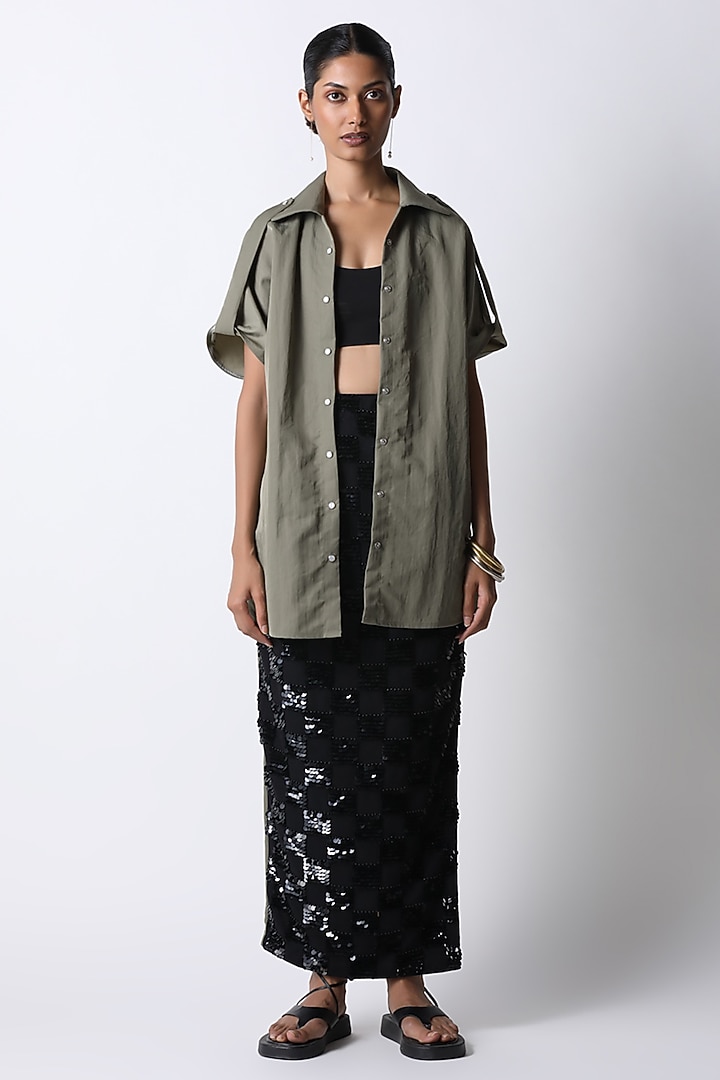Olive Sandwash Taffeta Shirt by 431-88 By Shweta Kapur at Pernia's Pop Up Shop